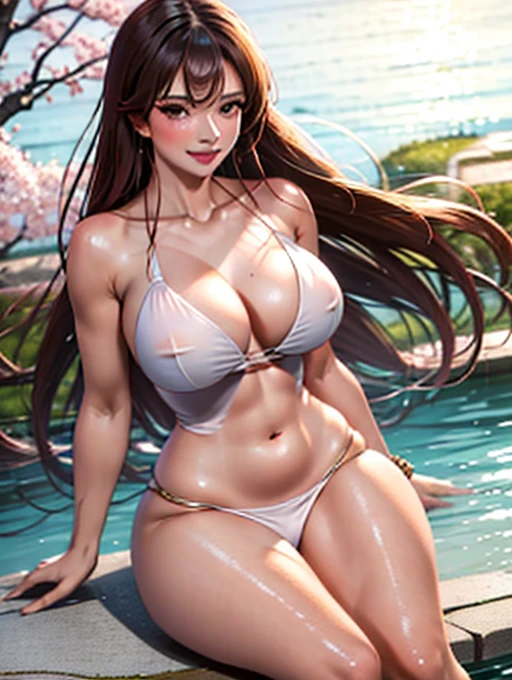 Realistic, Photorealistic,(close up),Masterpiece, absurdress ,2girls,( makima),(nude), luxurious , perky nipples, detailed vagina, bellybutton, groin, sweaty skin, A bracelet, looking down at , provocative Smile, cherry blossoms, Private garden, the wind, Floating hair, big breasts ,(((wide hips))), Toned body, Detailed eyes, detailed feet