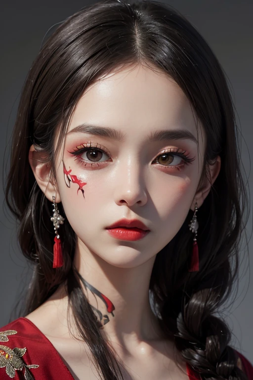 masterpiece, masterpiece, masterpiece_portrait, distinct, distinct_image, highres, high_resolution, high_quality,Super_detail, hyper_detail, ultra high definition, Super facial detail, face art, 알굴 make up, Pale face, red lips, forehead make up, 눈 make up, pattern on face, 32k, 1 person, face enlargement, chinese makeup, make up, art, art, painting on face, face art, Demon Slayer&#39;s Blade, He comes, look at the face, Face tattoo, (tattoo on face:1.5), ghost makeup, zombie makeup, character make up, kabuki, portrait, (1 face:1.3), Blue eyes, No background, face, face line tattoo, long eyelashes, LED lights, neon sign lighting, cyfunky, myth, red markings on the face,Beautiful nipples,beautiful girl,(平らな胸),