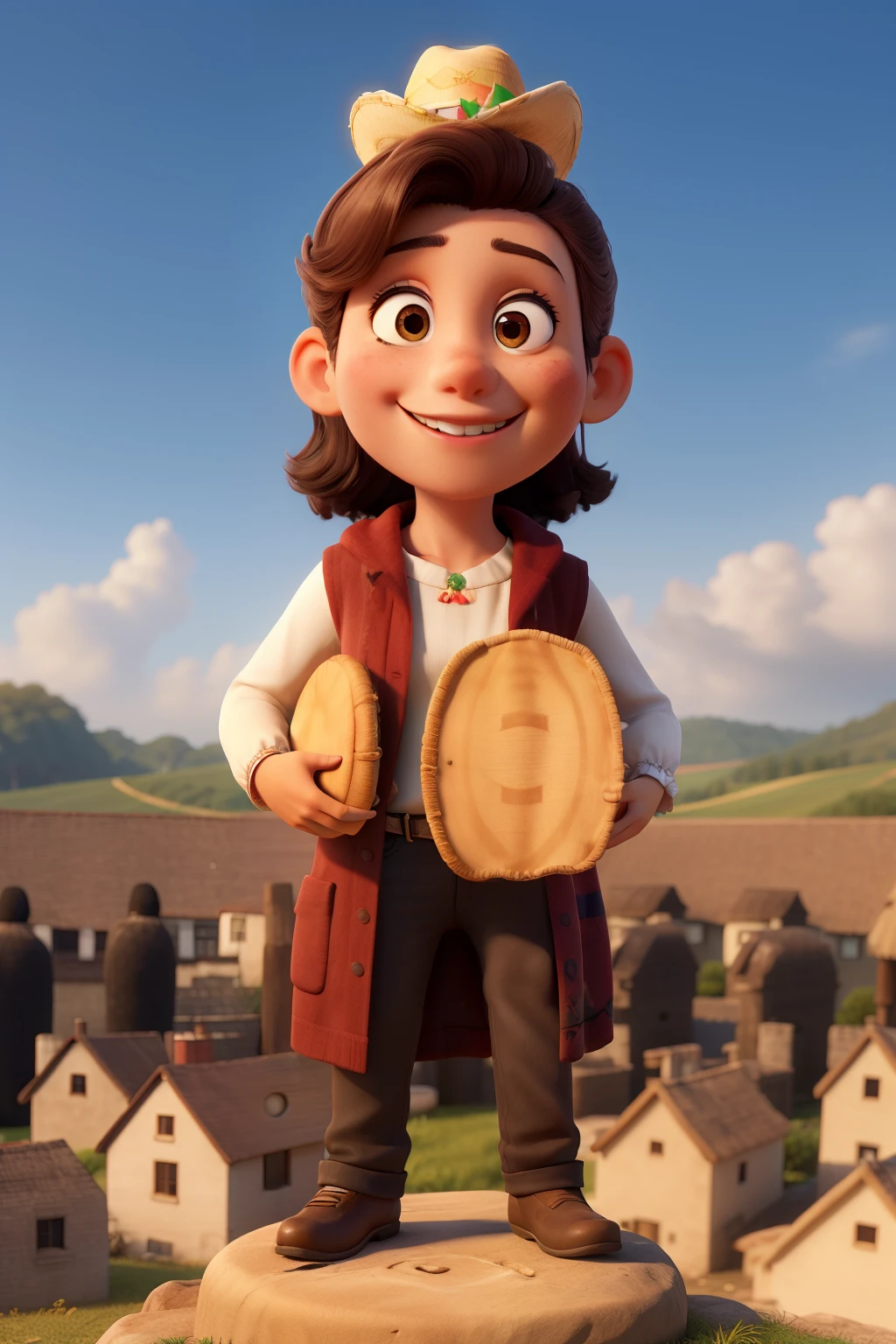 Young woman with tanned skin and wavy brown hair smiling, while celebrating September 15th with a charro hat and a beautiful dress with the colors of the Mexican flag, and the name Silvia on the dress, 3D animated still