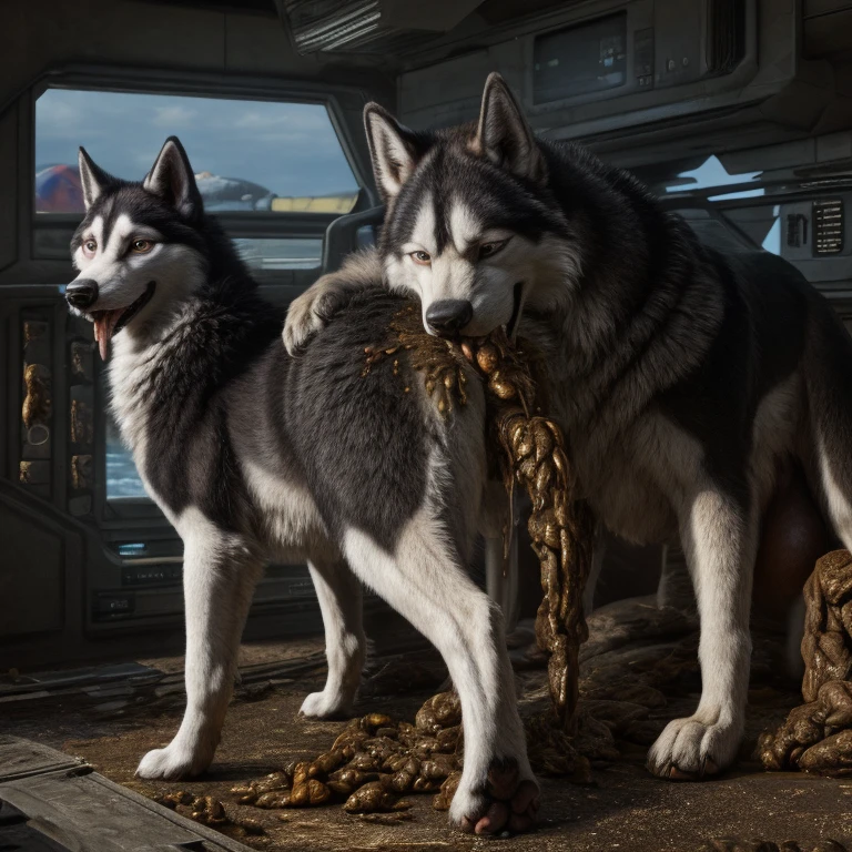 A hyper realistic, ultra detailed image of a husky, fat, (((((feral, husky rimming feces, paws))))), thick thighs, duo, shaded, intricate, realistic, detailed background, (saliva:0.8), panting, drooling, saliva, aroused, ass up, on a klingon star ship, freighter. ((((standing leg up, excessive drooling, duo, hyper balls, feral, excessive anal scat, spreading legs, excessive hyper anal feces, husky anal feces rimming))))