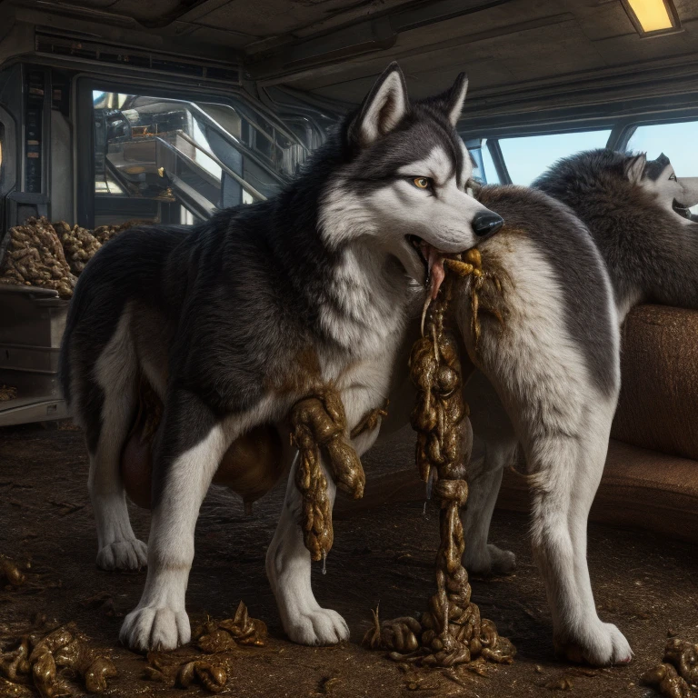 A hyper realistic, ultra detailed image of a husky, fat, (((((feral, husky rimming feces, paws))))), thick thighs, duo, shaded, intricate, realistic, detailed background, (saliva:0.8), panting, drooling, saliva, aroused, ass up, on a klingon star ship, freighter. ((((standing leg up, excessive drooling, duo, hyper balls, feral, excessive anal scat, spreading legs, excessive hyper anal feces, husky anal feces rimming))))