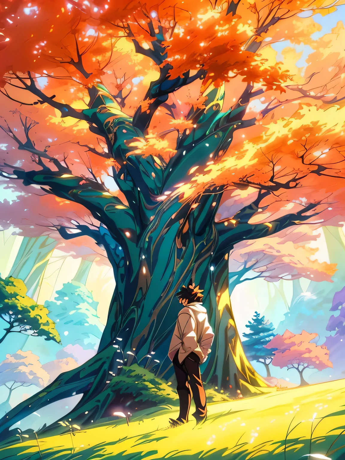 Anime style illustrations，A boy stands in front of a tree, Anime Nature wallpap, Anime Nature, Shinkai Makoto Cyril Rolando, Cyril Rolando and Goro Fujita, Anime Background art, Anime Wallpaper, Anime Background, Anime Art Wallpaper 4K, anime art wallpaper 8 k, Anime Art Wallpaper 4K, with a tall tree, Anime Landscape