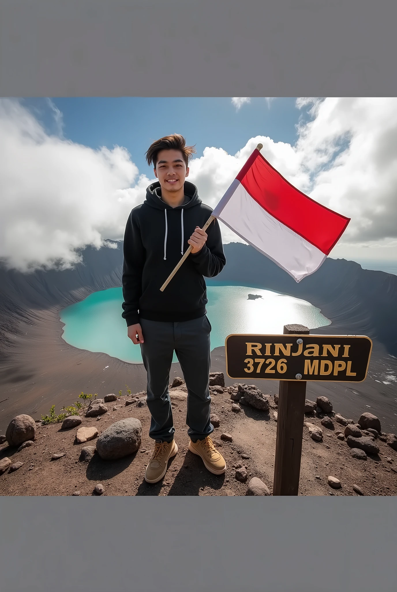 Professional photography of indonesian man with short emo hairstyle, wearing black hoodie, trousers, flip flops, standing on top of mountain, waving Indonesian flag, surrounded by rocky terrain with view of volcanic crater lake below. A board with the name "Rinjani" and the words "3726 MDPL", partly cloudy sky adds to the background appearance while smiling at the camera