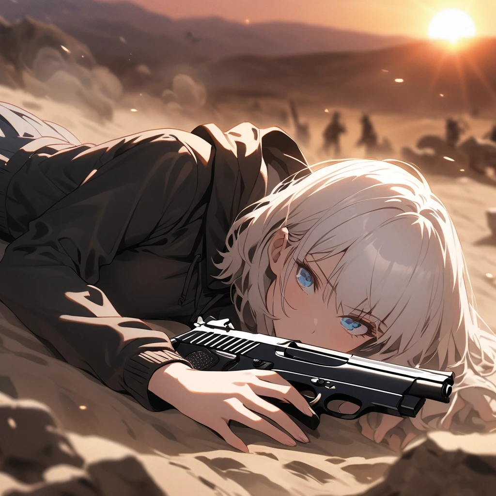 One woman,pistol,Desert Eagle,silver,Hold with both hands,A scene from a spy movie. A woman is wearing a black hoodie.,Wear a hood,mini skirt,Lying on the ground,Blowing in the Wind ((blue eyes,White Hair)) The woman is a survival game avatar,Playing a battle royale,Whole body,Sniping,profile,Filmography,Taking aim, dust swirls.,A little blurry,sunset,sun,wilderness,It's going to be slaughtered