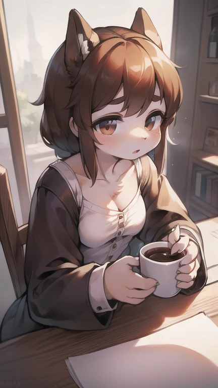 (8k, Best Quality, masterpiece:1,2), (realist, photo-realist:1,37), top quality, masterpiece, A pretty woman, I want to drink coffee, a cup of coffee, Elegant style. Indonesian women's style., white and clean skin, pretty eyes, medium hair, wears a watch, A girl with big tits