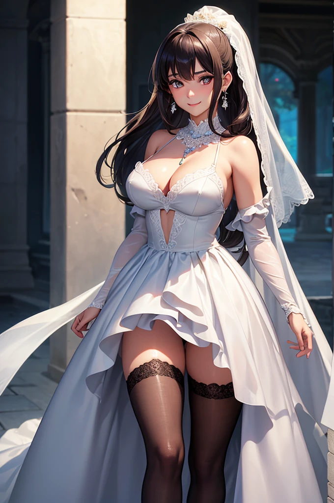A woman in a dress and stockings standing in front of a tree, wedding dress, off the shoulder, long wedding veil, necklace, jewelry, (skirt parted in front), thigh highs, (panties:0.9), big rounds breasts, dark brown hair, long bangs, long hair, ponytail, wavy hair, expressive hair, shiny hair, hair flower, ribbon, aqua eyes, glowing eyes, pupils sparkling, earrings, smile, glossy lips, blush, embarrassed, nervous smile, beautiful detailed face and eyes, perfect anatomy, standing, outside, jewelry, high detail, anime, anime style, cinematic lighting, dithering, image fill, multiple views, from the front, from above, from below, from behind, from side, wallpaper, game cg, perspective, Wide-Angle, f/1.8, 85mm, Sony FE GM, 8k, super detail, UHD, retina, masterpiece, accurate, anatomically correct, textured skin, high details, best quality, highres, 16k