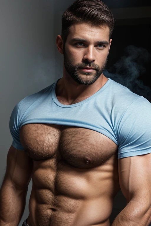 A handsome man with blue mists surrounding his eyes. Hunky, hunk, hairy, very hairy chest. There's a glow in his eyes, short hair, seductive, 30
years old, short hair,, macho alpha , divine t shirt whith golden, white, red, latin man, metalic colors