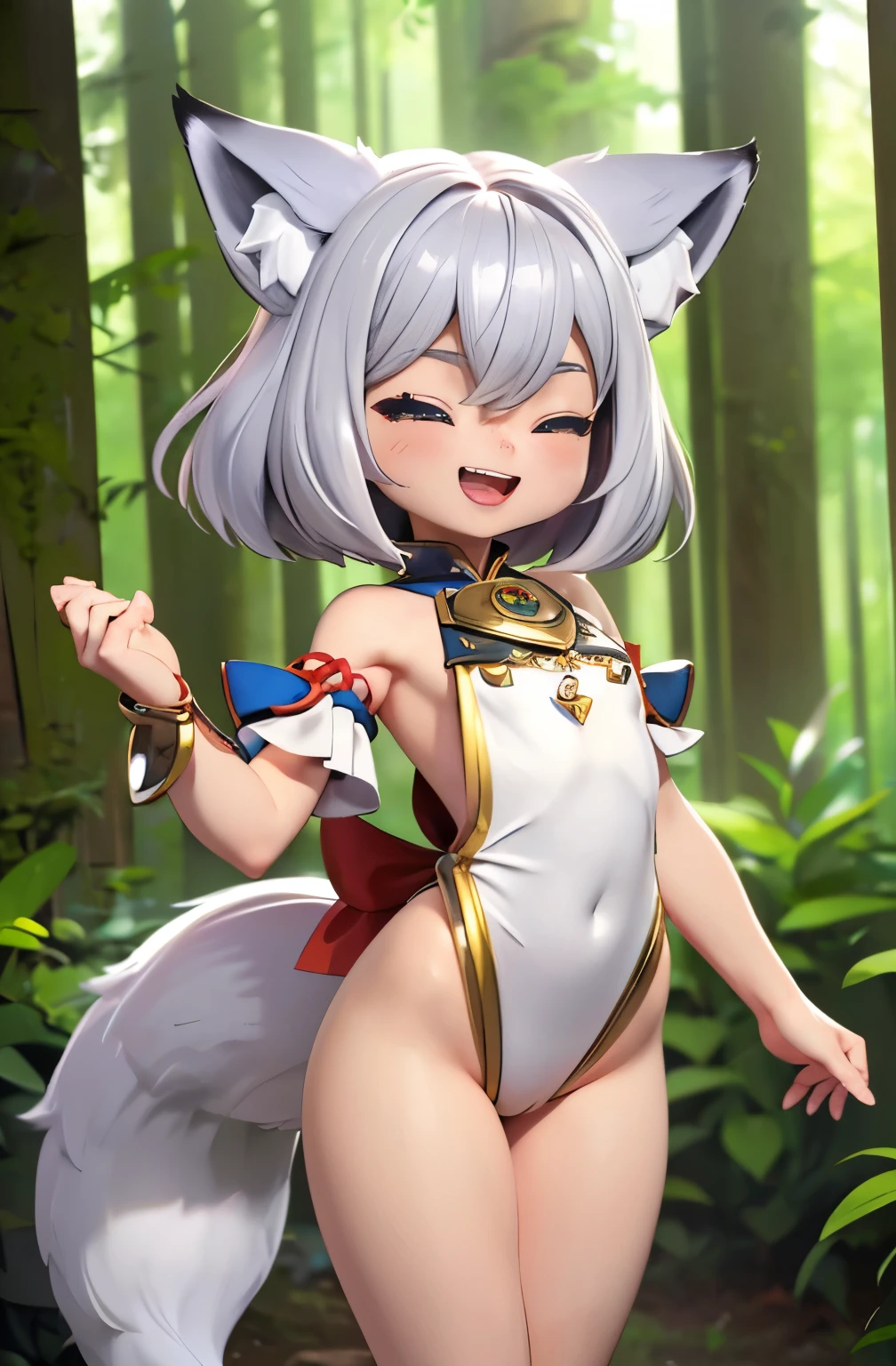 ((Top quality)), ((masterpiece)), (details), High resolution, super detailed, very detailed CG Unity 8k wallpaper, real, photorealistic, Beautiful fine face, detailed face. Pale skin, realistic shining skin. Detailed fabric texture, detailed hair texture. (Eyes with attention to beautiful details: 1.5), (Small hand), ((perfect hand)). ((Perfect Anatomy)). Perfect lighting. Break (chibi:1.4),chibi character,chibi style, A fox girl,age:20 (Silver hair:1.3), Bob cut, one eyes closed,((Big Laugh:1.4)) ,(fox ears :1.6),(fox tail:1.4), (Slender: 1.1), (Small chest: 1.2), (Small buttocks: 1.2), (muscular: 1.2), (Pluffy thighs: 1.1), (Miko costume),BREAK ,Background deep forest,