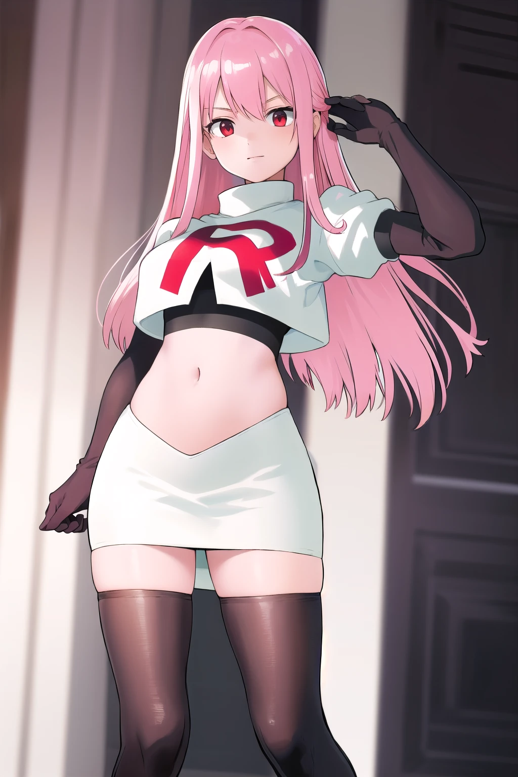 Masterpiece, Detailed, High quality, (absurdist), High Sharpness, High resolution, maiddoll, 1girls, Solo, pink hair, cracked skin,team rocket,team rocket uniform,white skirt,red letter R,crop top,black thigh-highs,black elbow gloves