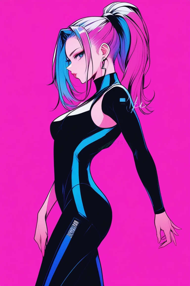 Illustrator, anime , Realistic ,sketch , 1 person, model, Age 25, lip, A revealing black bodysuit, A revealing black jumpsuit, order, Blue and pink gradient background, Neon Ponytail Hair, Big Breasts, I can see her cleavage, look back, Upper Body, Sexy look, Texture Trim, Canadian, (masterpiece,Highest quality)