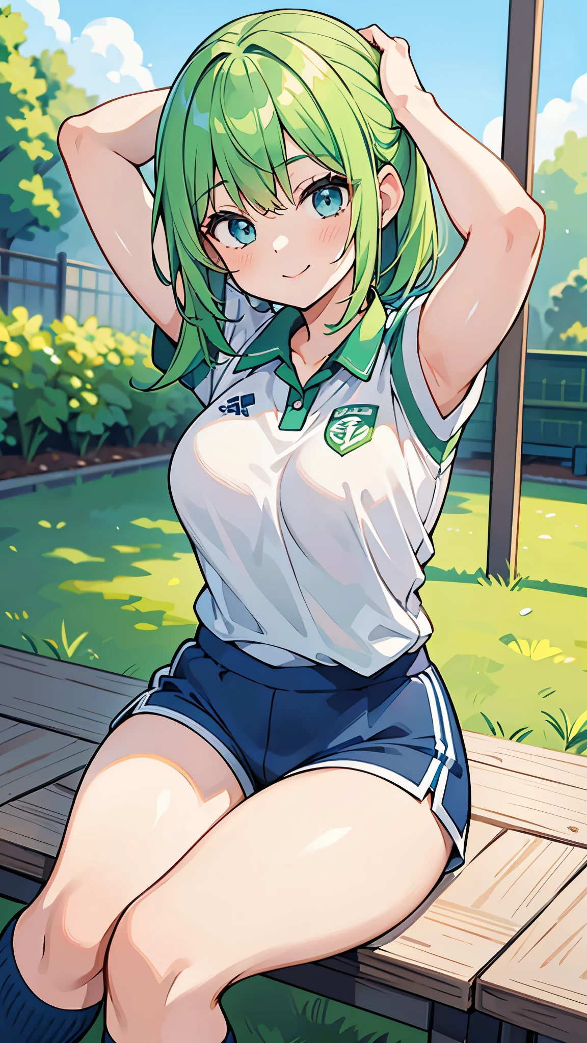 
((A Pretty girl with green hair and blue eyes sitting and stretching)), ((wearing the sport uniform and short pants)), Baby face, ((top-quality, master piece, ultra-definition, high resolution)), anime girl, ((ultra-detailed illust:1.2)), only one person, bangs, hair between eye, beautiful hair, Beautiful eyes, medium breast, shiny thighs, Big smile, in the schoolyard, outdoor
