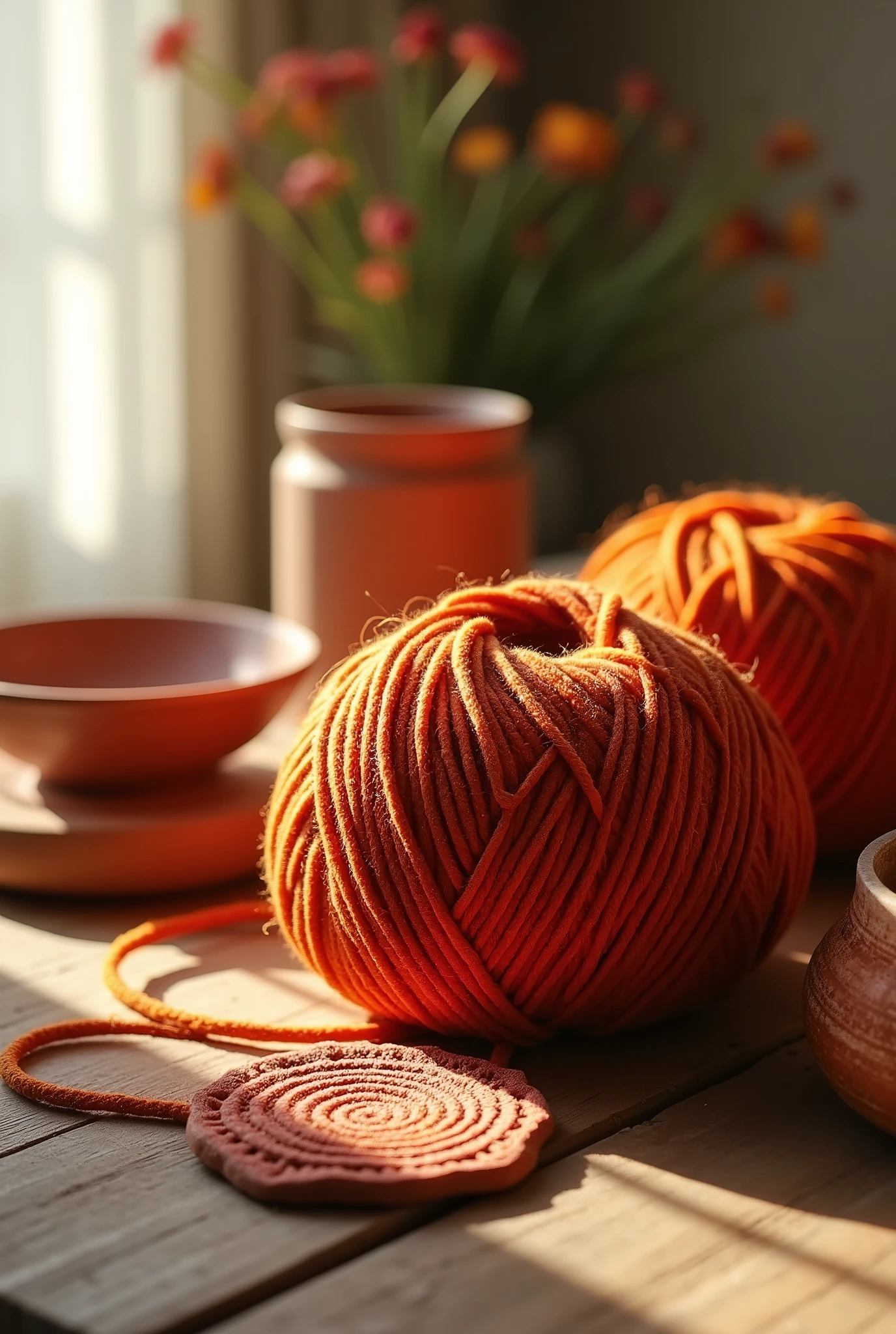 Realistic image of a large, neatly arranged ball of autumn-colored cotton yarn, on a wooden table, all set in a subtle boho style. With clay elements,
