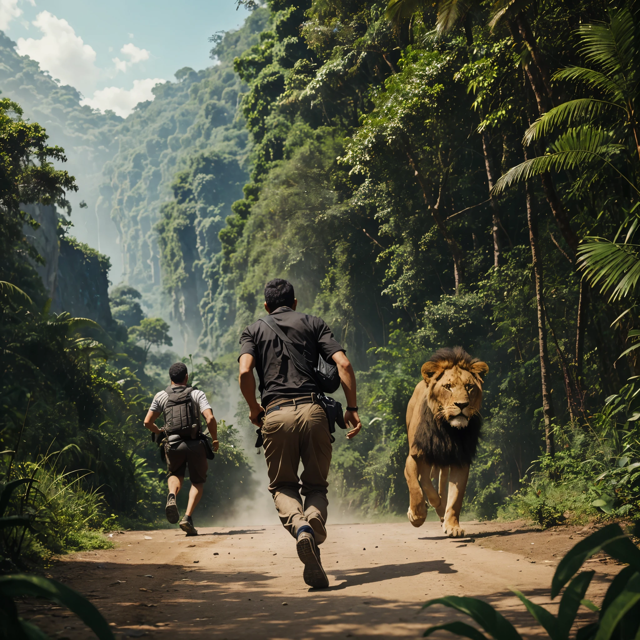 A thief is running away with a bag of money. Dangerous people are chasing him from behind. The thief went towards the jungle and encountered a lion ahead.