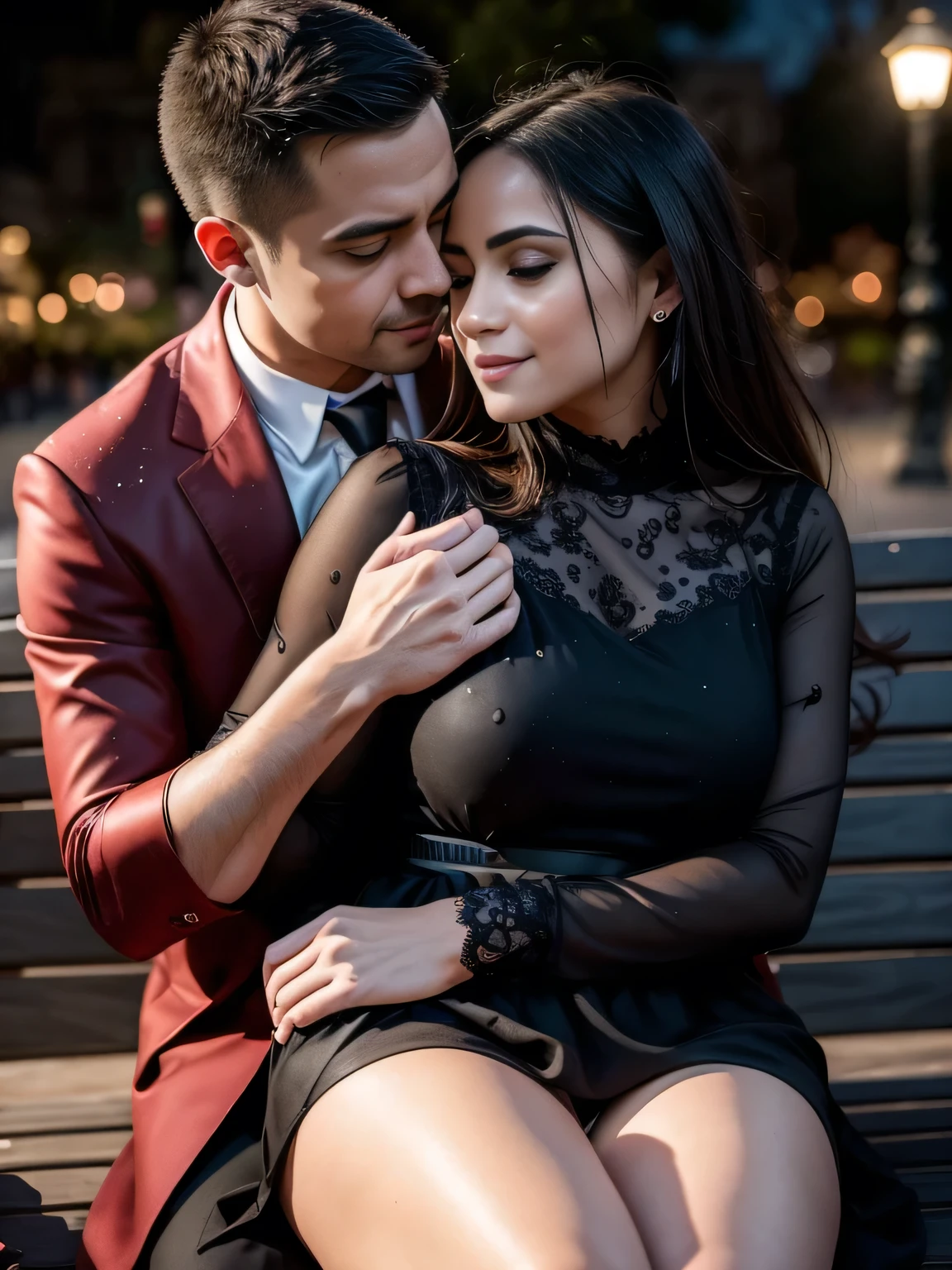 Intimate and high-quality photos of (Couple:1.2), Sit On (Bench:1.1), (Enchanting Light:1.1), sexy, passionate, exquisitely detailed, (sweat:1.1) with (glittering droplets:1.1), castle backgrounds, Sony Alpha 7R IV Camera, Digital Photo, f/2.8 lens, black-red, , Too many realistic textures, trends on social media, night light