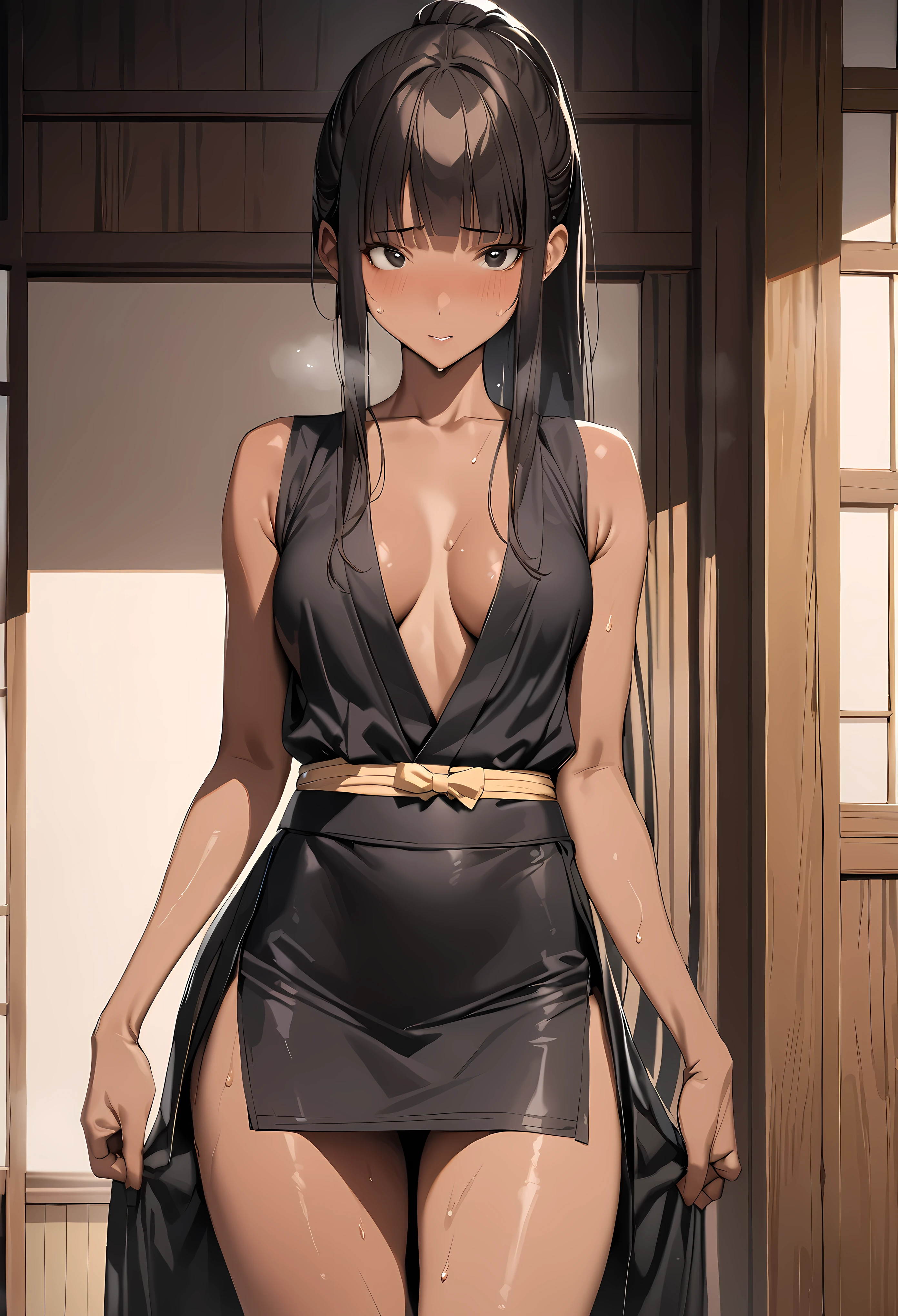 ((masterpiece,best quality anime,Highest quality:1.3)),realistic,cowboy shot,(25 year old beauty),Female ninja、1woman,solo,((very small head:1.4)),((very long body:1.3)),black hair,bangs,(long ponytail hair),gorgeous big eyes,black eyes,shy,in heat,((tan skin:1.4)),((slender body:1.3,skinny)),medium breasts,gleaming skin,shiny skin,((Black kimono、Black obi for a kimono、Sleeveless、Side slits、Black mini skirt)),sweat:1.3,standing,Japanese-style room、Japanese-style house、