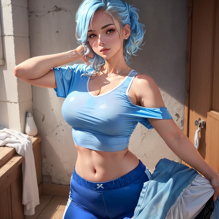 A woman in a blue top and blue pants poses for a photo., wearing Good, Good, Goodlette, white Good, sport Good, very sweaty, beautiful upper body, training Good, perfect shape, low cut top, pastel blue, attractive body, sweaty 4k, sports Good, sport Good and shirt, perfect detail, Crop top, soft curved shape