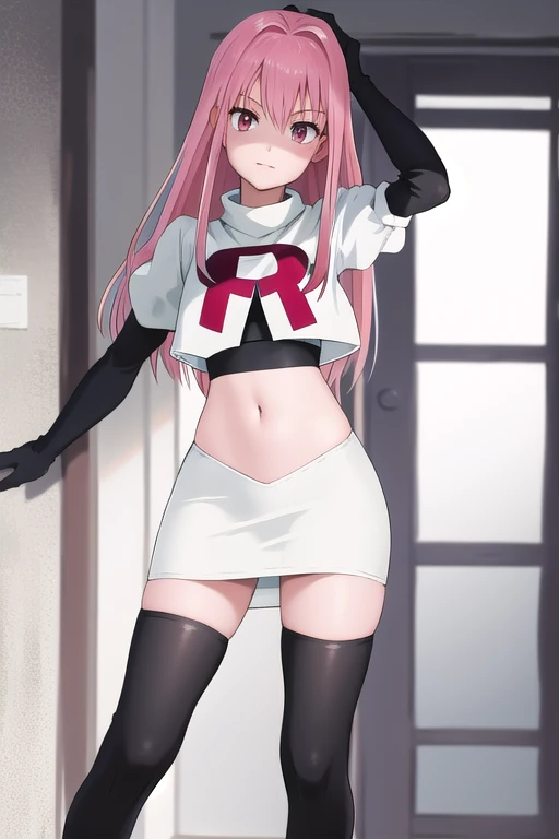 Masterpiece, Detailed, High quality, (absurdist), High Sharpness, High resolution, maiddoll, 1girls, Solo, pink hair, cracked skin,team rocket,team rocket uniform,white skirt,red letter R,crop top,black thigh-highs,black elbow gloves