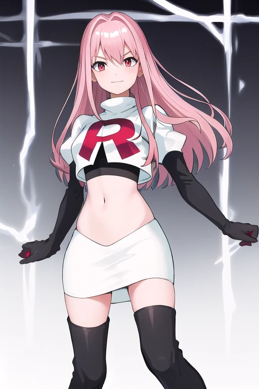 Masterpiece, Detailed, High quality, (absurdist), High Sharpness, High resolution, maiddoll, 1girls, Solo, pink hair, cracked skin,team rocket,team rocket uniform,white skirt,red letter R,crop top,black thigh-highs,black elbow gloves