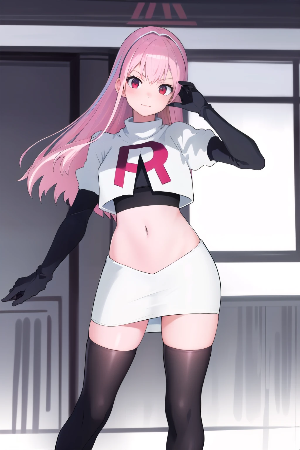 Masterpiece, Detailed, High quality, (absurdist), High Sharpness, High resolution, maiddoll, 1girls, Solo, pink hair, cracked skin,team rocket,team rocket uniform,white skirt,red letter R,crop top,black thigh-highs,black elbow gloves