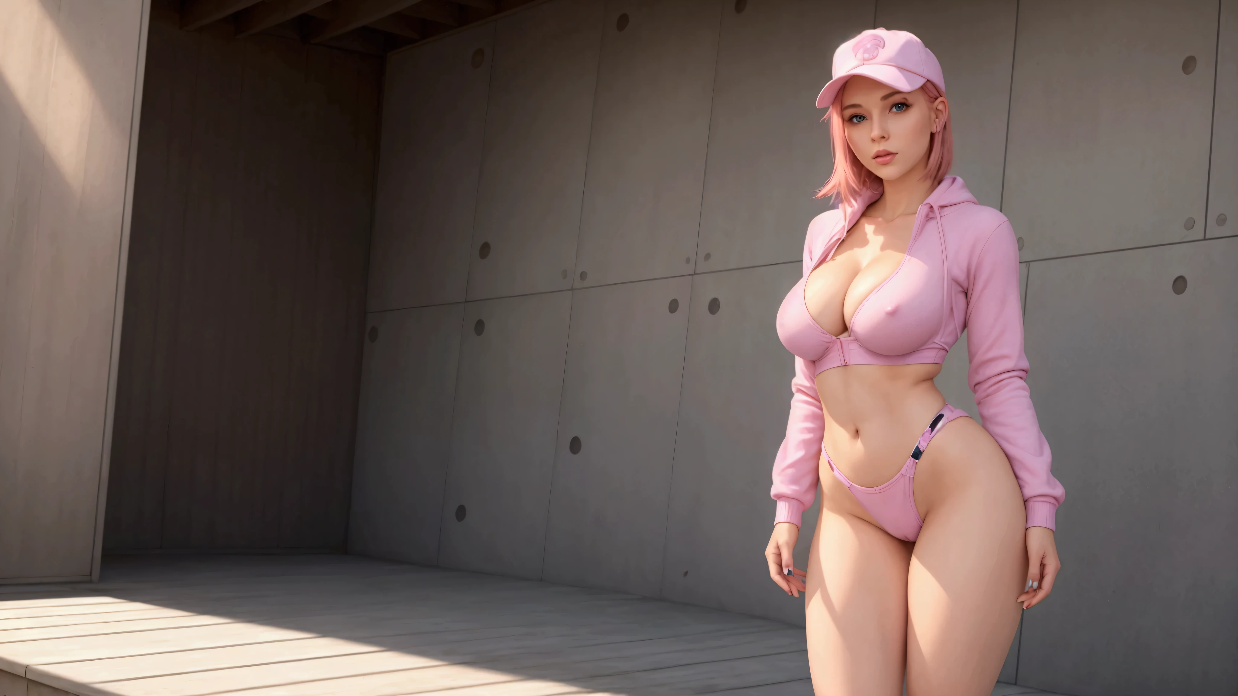 (Highly realistic and perfect image, high resolution, pure perfect realism), A single, perfectly beautiful young woman with medium-sized, well-rounded breasts., pink  hair, Bright blue eyes, shapely legs, wearing Playboy clothing, The vaginal lips are noticeable in the clothes., alone in the picture, full body view, with clothes, without hat, body wet and shiny, standing backwards, olhando para traz
