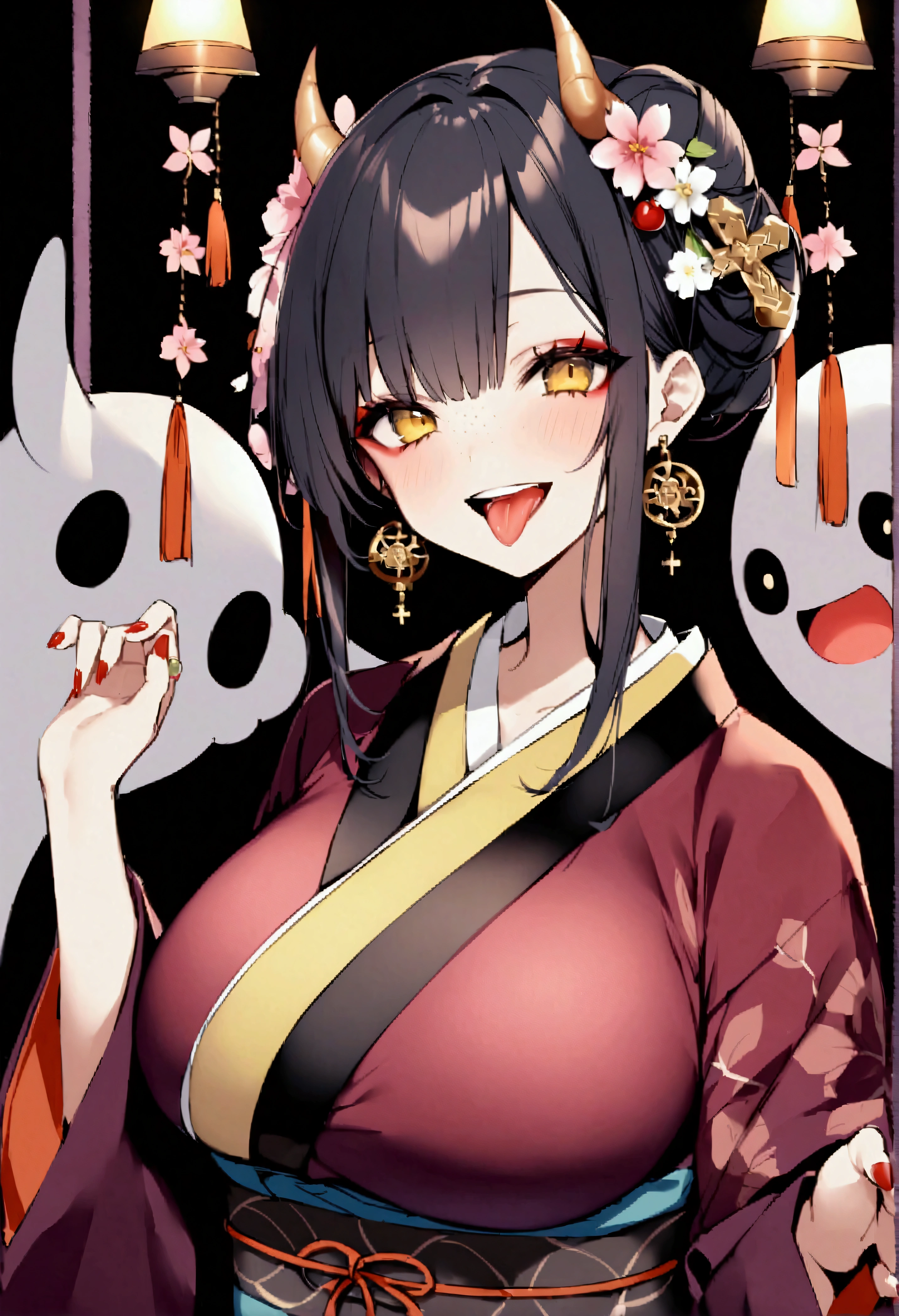 score_9、score_8_up、score_7_up、score_6_up、source_アニメ、、MKY、One person、chest、horn、solo、Black Hair、tongue、chestの谷間、Earrings、kimono、kimono、gem、Big Breasts、赤いnail、cherry blossoms、Hair Bun、Staring at the audience、tongueを出した、長いtongue、Upper Body、シングルHair Bun、flower、band、saliva、hair ornaments、Black background、tooth、白いkimono、teeth、ghost、band、cross、crossEarrings、Manicure、makeup、freckles、nail、Yellow Eyes、smile、flowerびら、Raise your hand、eye shadow、Open your mouth、Long sleeve、Simple Background、Wide sleeves