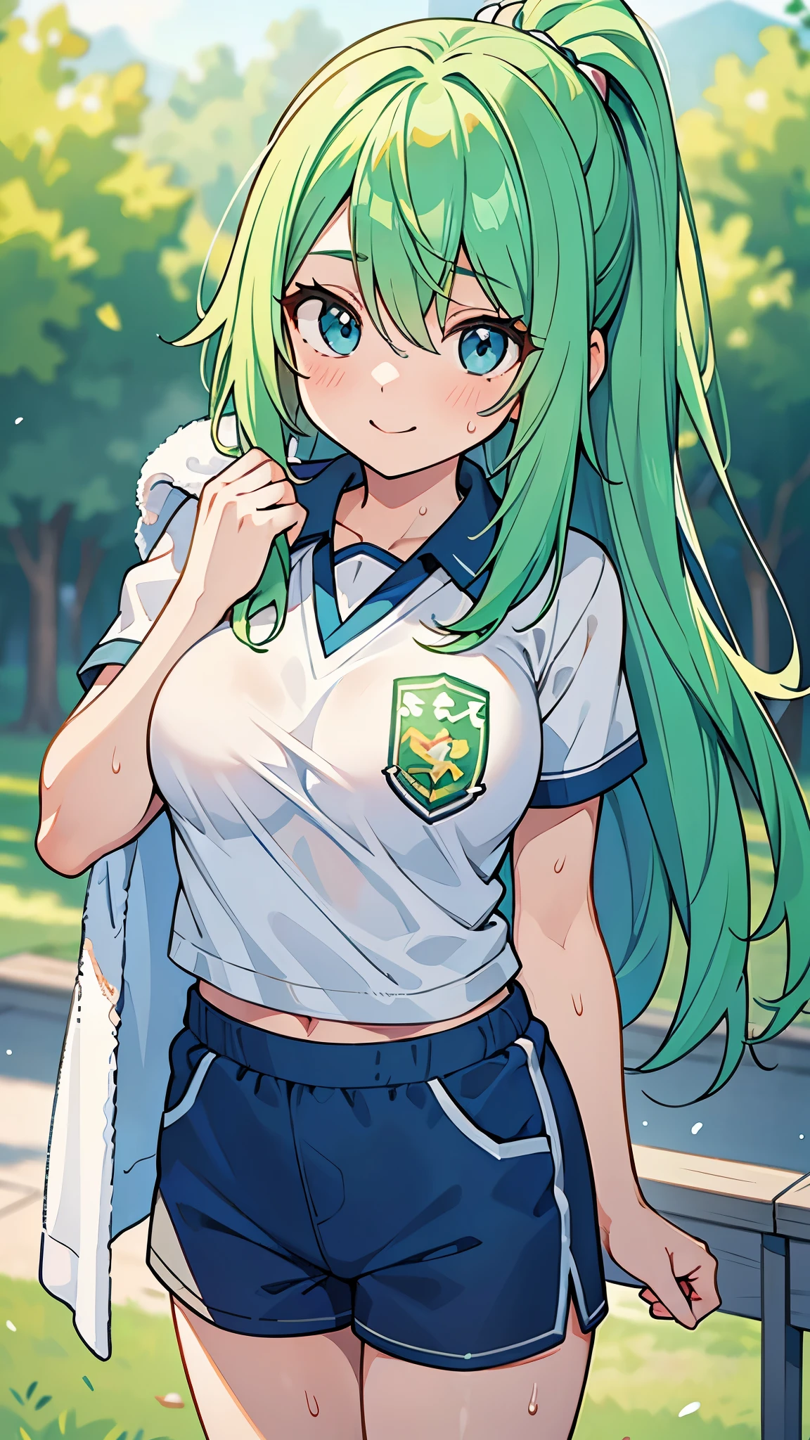 ((A Pretty girl with green hair and blue eyes Wiping off sweat with a towel)), ((wearing the sport uniform and short pants)), , ((top-quality, master piece, ultra-definition, high resolution)), anime girl, ((ultra-detailed illust:1.2)), only one person, bangs, hair between eye, beautiful hair, Beautiful eyes, medium breast, shiny thighs, Big smile, in the schoolyard, outdoor