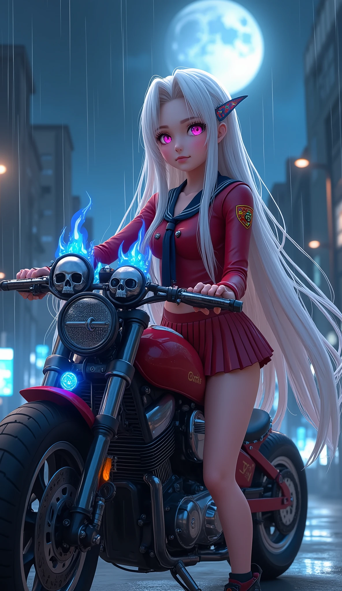 photorealistic,Realistic illustration in Modelshoot style,((masterpiece)),((The best quality)),((Ultra Quality)),((ultra detailed)),((1girl long white hair)),((Only)),((waifu:1.5)),Perfect anatomy,perfect hands,beautiful cuerpo,beautiful_method,ulzzang-6500-v1,e-chica,((Exceptionally Beauty Waifu Princess Tifa Lockhart)),((-yeld Wa Schoolgirl posando na frente de uma motocicleta futurista)), ((the motorcycle has skulls and blue flames highly detailed 3D graphics)), ((night scenery with full moon in the background)), ((she is wearing a Red SchoolUniform with 3D skulls and flames and Sailor Miniskirt, Pantyhose)), ((HDR, epic realism, high-octane rendering, obra de arte)),((bright-pink_eyes)),long wavy hair, ((white hair)),hair clips,eyeliner,cute makeup,lipstick,Glossy lipstick,with a look of terror, worry and sadness,((eyes detallados perfectos)),rainy with fog outside,evening,pink theme,bioluminiscencia,light particles,((Extremely CG Unity 8K Wallpaper)),((cinematic lighting,Best quality lights)),intricate details,Suave,sharp focus,Extremely beautiful and aesthetic,Octane rendering,Full length portrait,damp skin,((Perfect detailed body)),