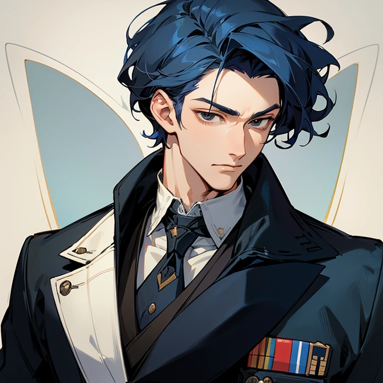 a man in his 20s, handsome face, face with fine features, refined and elegant appearance, black eyes, wavy short blue hair, a calm expression, wears a military suit from the Victorian era, anime style