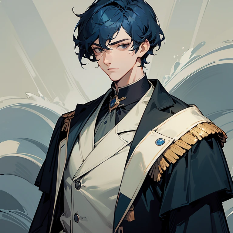 a man in his 20s, handsome face, face with fine features, refined and elegant appearance, black eyes, wavy short blue hair, a calm expression, wears a military suit from the Victorian era, anime style