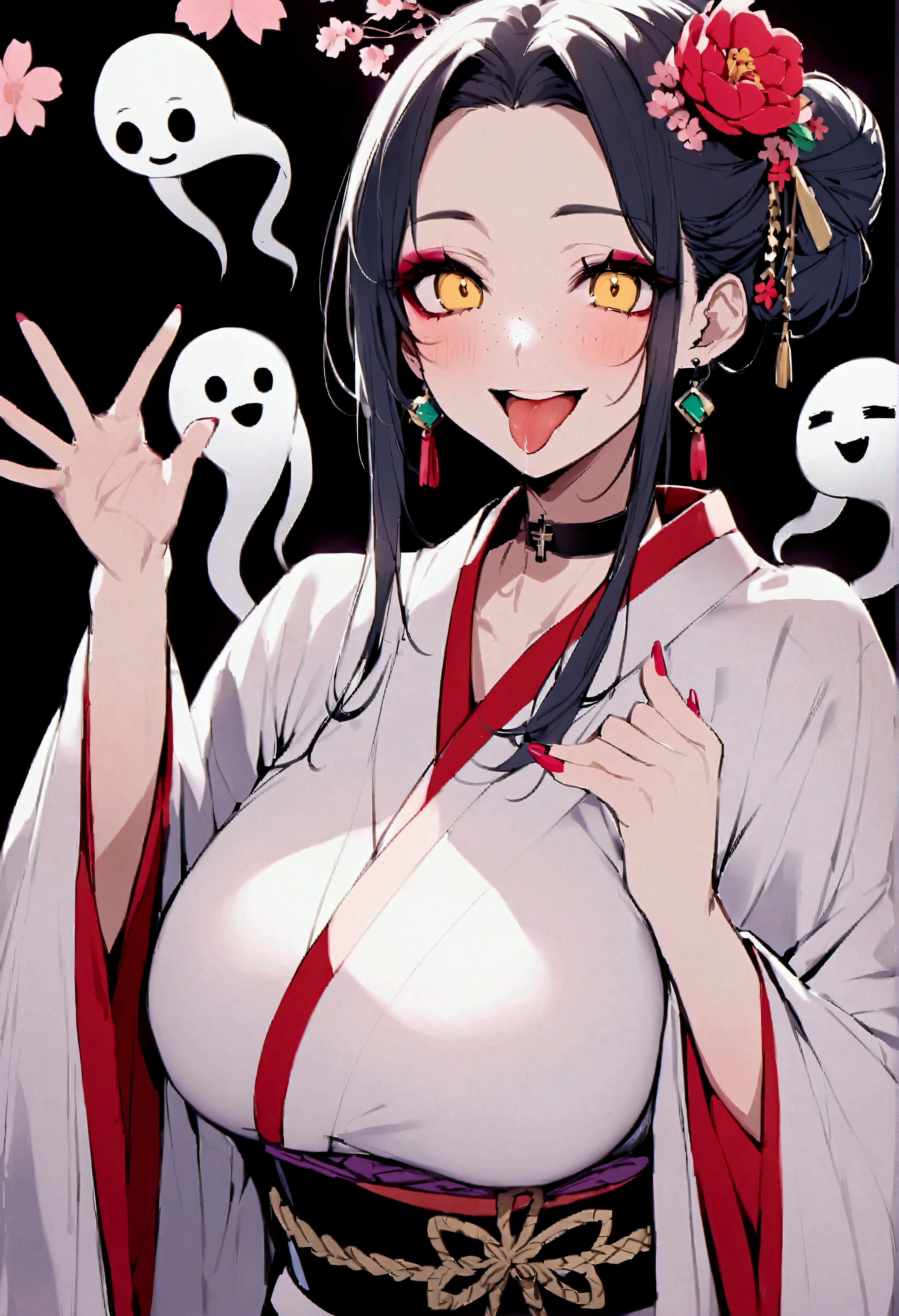 score_9、score_8_up、score_7_up、score_6_up、source_アニメ、、MKY、One person、chest、horn、solo、Black Hair、tongue、chestの谷間、Earrings、kimono、kimono、gem、Big Breasts、赤いnail、cherry blossoms、Hair Bun、Staring at the audience、tongueを出した、長いtongue、Upper Body、シングルHair Bun、flower、band、saliva、hair ornaments、Black background、tooth、白いkimono、teeth、ghost、band、cross、crossEarrings、Manicure、makeup、freckles、nail、Yellow Eyes、smile、flowerびら、Raise your hand、eye shadow、Open your mouth、Long sleeve、Simple Background、Wide sleeves