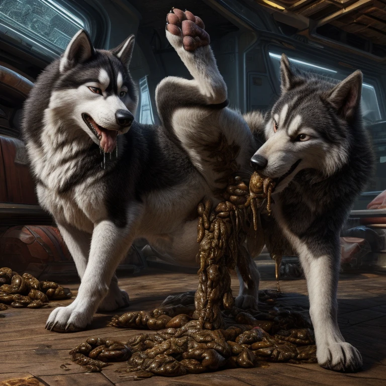 A hyper realistic, ultra detailed image of a husky, fat, (((((feral, husky rimming feces, paws))))), thick thighs, duo, shaded, intricate, realistic, detailed background, (saliva:0.8), panting, drooling, saliva, aroused, ass up, on a klingon star ship, freighter. ((((belly, standing raised leg up, excessive drooling, duo, hyper balls, feral, excessive anal scat, spreading legs, excessive hyper anal feces, husky anal feces rimming))))