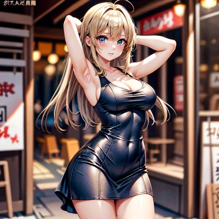 1 female、masterpiece、Highest quality、Blonde、Big ample breasts、(nude)、standing, arms up behind, shows armpit,