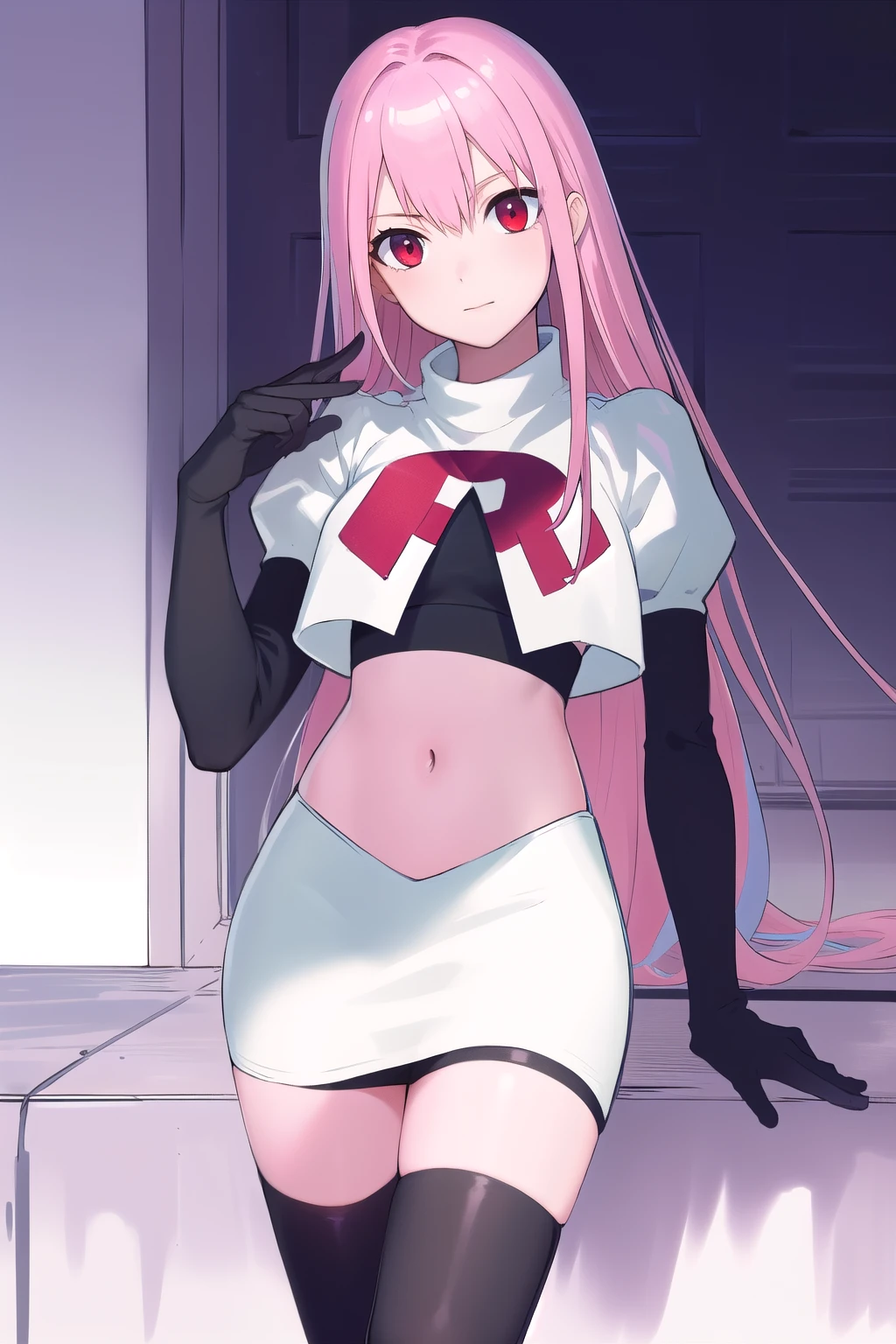 Masterpiece, Detailed, High quality, (absurdist), High Sharpness, High resolution, maiddoll, 1girls, Solo, pink hair, cracked skin,team rocket,team rocket uniform,white skirt,red letter R,crop top,black thigh-highs,black elbow gloves