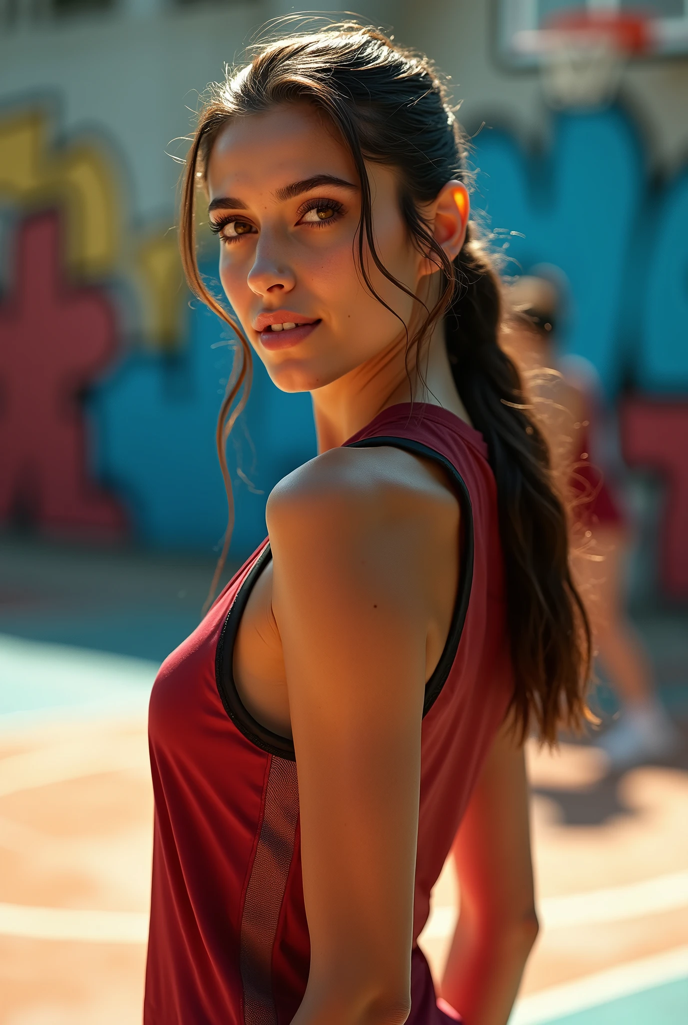 (masterpiece,highest quality,超A high resolution),Italian brunette Bellucci woman, (((Very beautiful 25 year old girl))), pretty girl、look at the photographer、 ((beautiful low ponytail)), super cute face, glossy lips, double eyelids in both eyes,natural smile、 natural makeup, long eyelashes, Shiny and smooth hair、center image, perfect limbs, perfect anatomy,(((basketball sleeveless uniform)))、,(wet with sweat),full body,turn around and look back