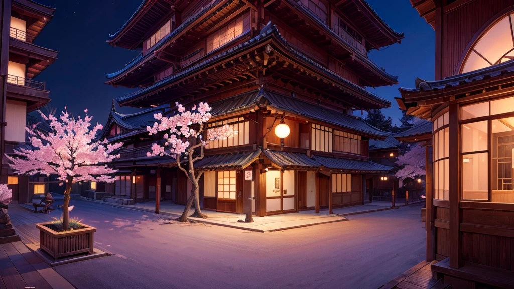 A high-end Japanese restaurant with a ninja twist　Fold　cherry blossoms　Neon Town　huge round window　　Exterior of the building　Above