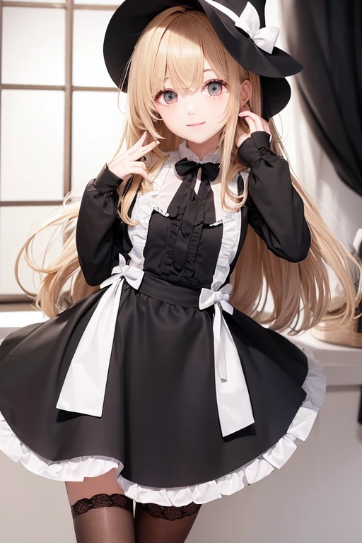 Marisa,with a black pointed hat on her head,with a white ribbon wrapped around the hat.,She wears a black maid outfit,Blonde,Look this way,Cute gestures