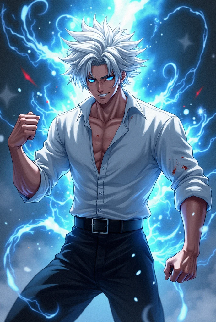 Gojo with fighting pose, only gojo and him eyes clear blue, sky blue and dark blue and white colour and little black mixed colours energy release around him, he in royal white shirt and Balck pants he white merci hair his skin colour white, blood flow his body his face with devil smile