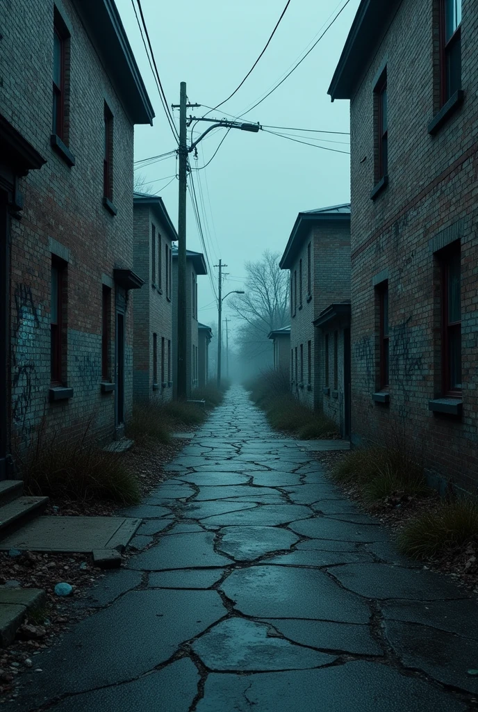 An image for an album cover showing a rundown neighborhood street with no people, looking very tough with dark colors.