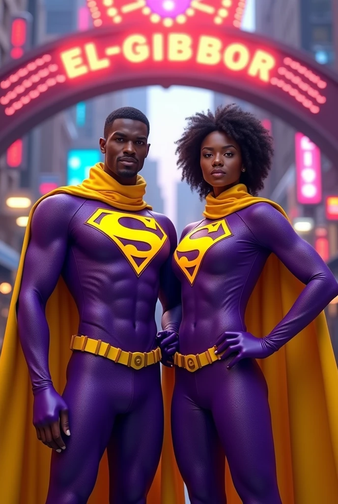 Dark-skinned heroes in 3D wearing purple suits with yellow capes and scarves. An 'E' on their chests in a camp and a sign that says 'El-Gibbor'
