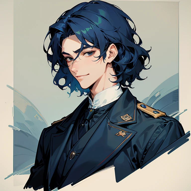 a man in his 20s, handsome face, face with fine features, refined and elegant appearance, black eyes, wavy short blue hair, a little smile, wears a military suit from the Victorian era, anime style