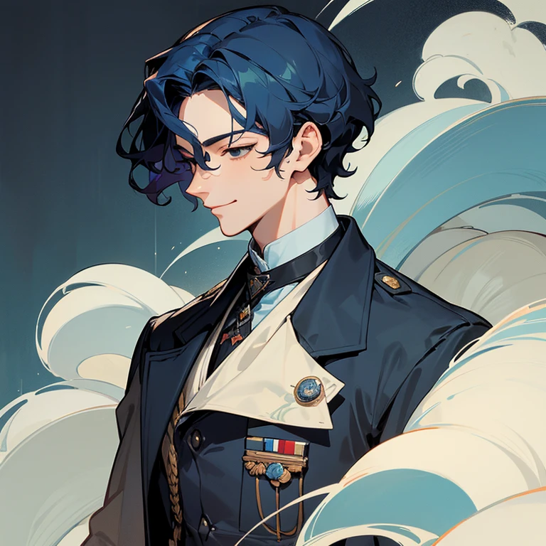 a man in his 20s, handsome face, face with fine features, refined and elegant appearance, black eyes, wavy short blue hair, a little smile, wears a military suit from the Victorian era, anime style