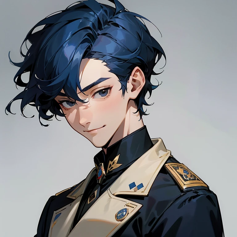 a man in his 20s, handsome face, face with fine features, refined and elegant appearance, black eyes, wavy short blue hair, a little smile, wears a military suit from the Victorian era, anime style