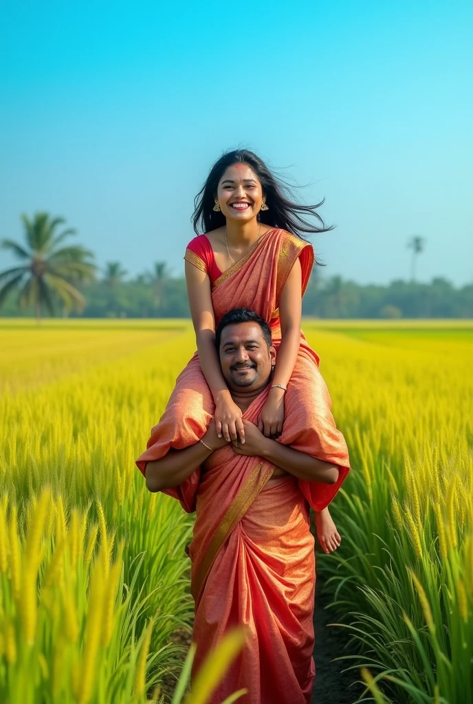 Create a realistic photograph of a smiling and beautiful indian actress in silk sare is lifting and carrying a large stout man on her shoulders in a paddy farm, man is sitting on top of her shoulders , man on top, woman standing at bottom 