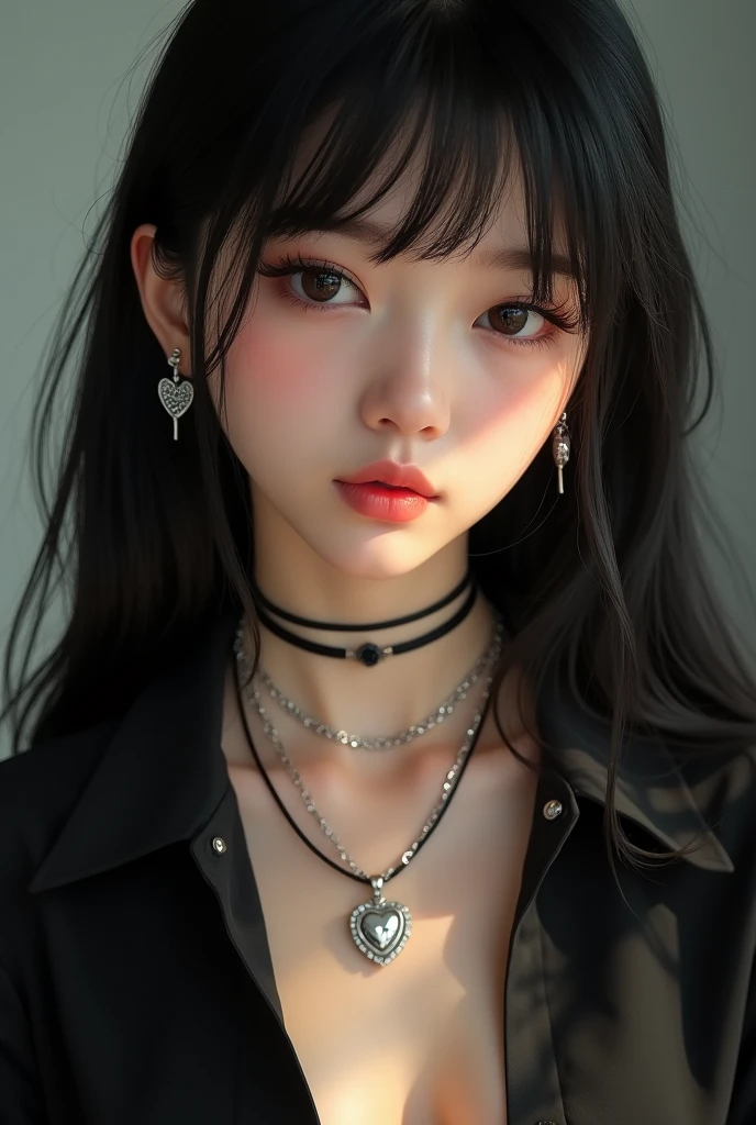 16 year old, female. small, circular eyes, marked jaw, chubby, circular nose, black chocolate eyes in feline shapes, long eyelashes, accentuated and rosy cheeks, illuminating shine on the face, nose with a small silver piercing. Silky, black hair, straight and long, side bangs. Full, pink lips, glossy with gloss. Wearing silver cross earrings in her ears, angelic and ethereal expression, Wearing a silver necklace, with a small shiny heart pendant, and a black shirt with a low cut on her full breasts, sexy. Best eyes+best faces+best features+extremely accurate. DO IT THE WAY I WROTE IT. black eyes, fat nose. sensual and cold appearance. Black clothes. WOMAN+REALISM+COLD TONES+WESTERN+EXTRA GLOWY LIPS+HiGHILY DETAILED+ANGELICAL COQUETTE VIBES