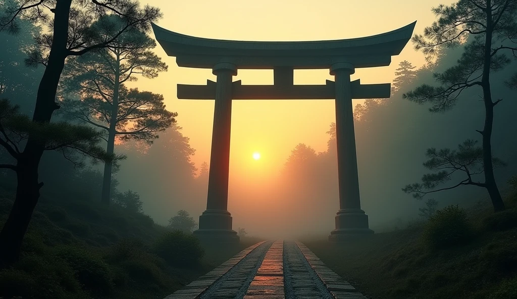 Mysterious fog、sunset、shrine、Giant torii gate