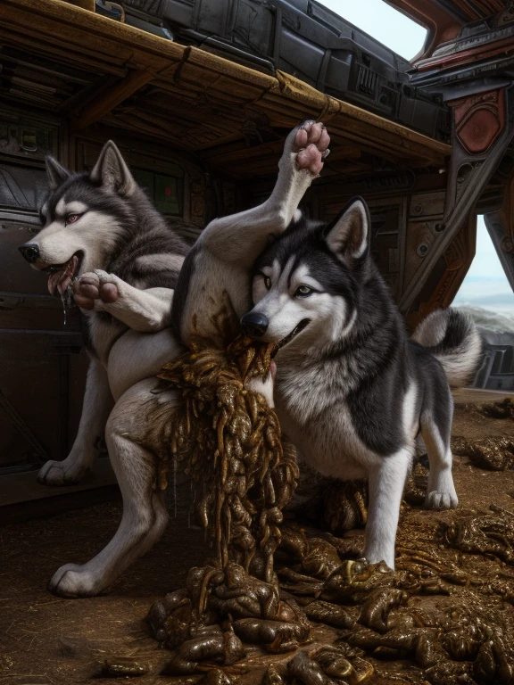 A hyper realistic, ultra detailed image of a husky, fat, (((((feral, husky, solo, raised leg, eyes closed, hyper knot in sheath, urine))))), realistic, detailed background, (saliva:0.8), on a klingon star ship, freighter. ((((hyper canine sheath, feral standing with raised leg, hyper balls, feral, excessive anal scat, spreading legs, excessive hyper anal feces))))