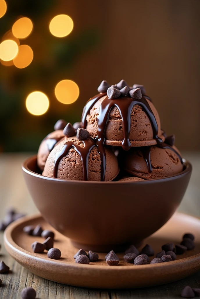 Bowl of chocolate flavour icecream from top view
