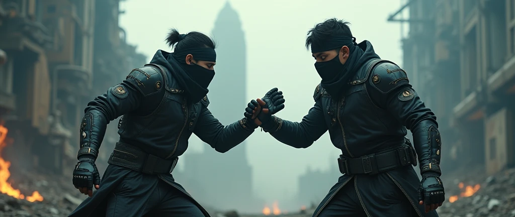 hyper realistic, The best quality, dark dream world, distress, epic fight between two identical 24-year-old Asian youth , further, landscape, futuristic and dramatic clothing, apocalyptic, bandanas on their faces, Accessories
