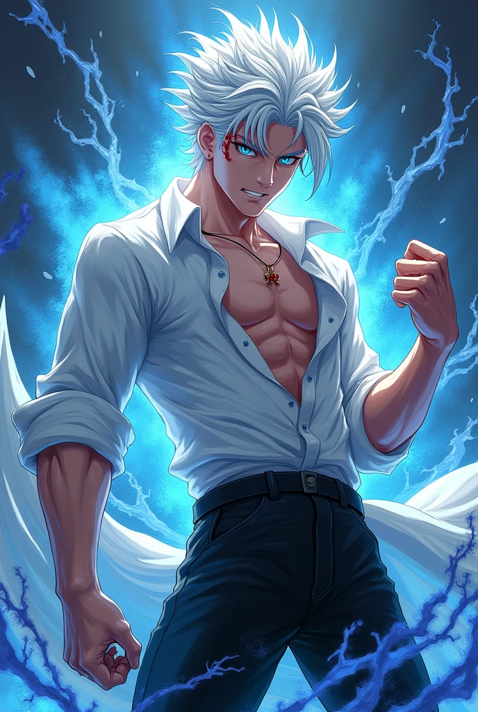 Gojo with fighting pose, only gojo and him eyes clear blue, sky blue and dark blue and white colour and little black mixed colours energy release around him, he in royal white shirt and Balck pants he white merci hair his skin colour white, blood flow his body his face with devil crazy smile