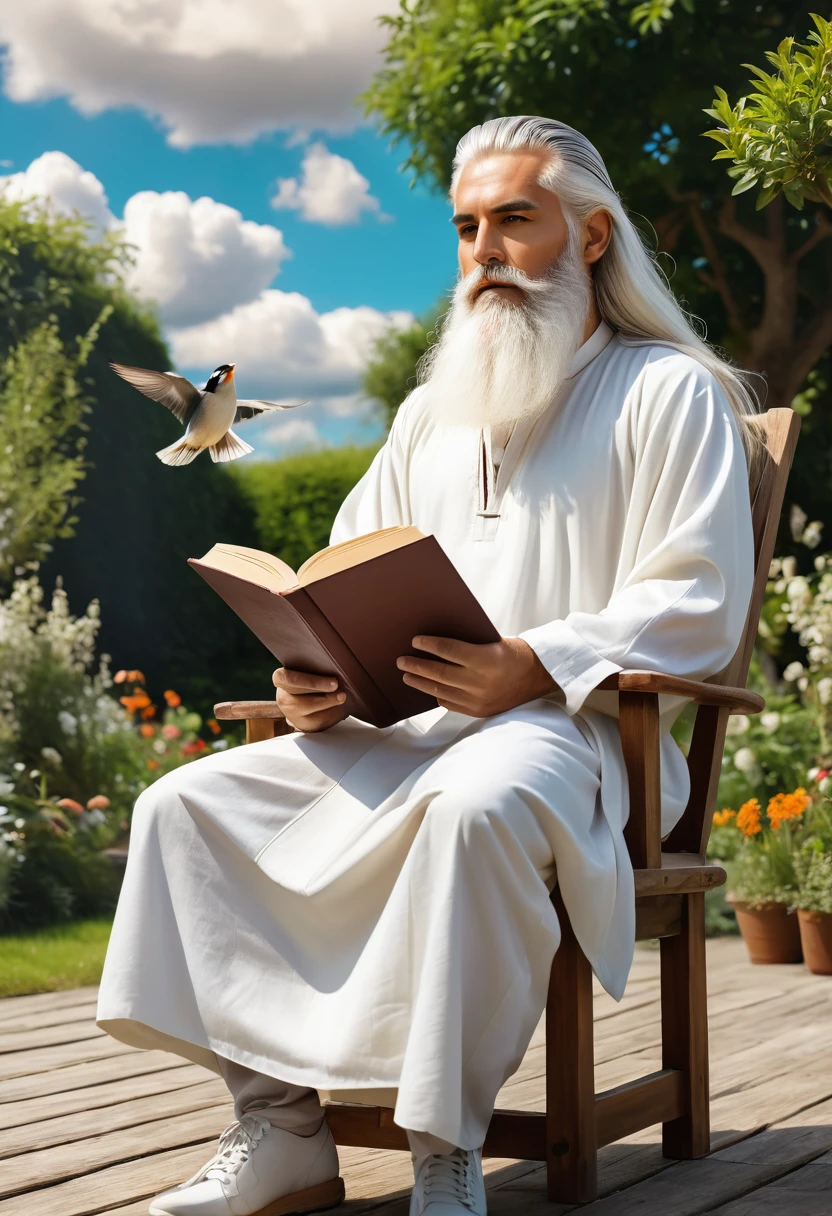 God, long and white hair and beard, with a face straight ahead, Holding a book, tunic, sitting on a wooden chair in a garden, sunny day with lots of clouds and birds, hyper realist, 4K